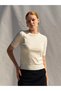 Women's Ecru Short Sleeve Crew Neck Slim Knitwear Slim Fit Regular Length Blouse - 2