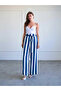Women's Navy Blue Striped Elastic Waist Belted Wide Leg Long Woven Trousers - 2