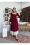 Women's Burgundy Midi Dress Square Neck Gathered Waist Lace Detailed Long Balloon Sleeves - 4