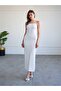 Women's Ecru Dress with Straps, Square Neckline, Backless, Slit, Midi Knitted - 2