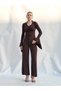 Women's Coffee Color V-Neck Front Gathered Flounce Sleeve Long Sleeve Slim Fit Blouse - 3