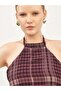 Women's Plum Plaid Patterned Halter Neck Lace Detailed Asymmetrical Midi Dress - 8