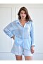Women's Baby Blue Oversize Open Collar Long Sleeve Buttoned Cotton Shirt - 4