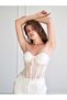 Women's Cream Bustier Strapless Lace Detailed Underwire Fitted Crop - 4