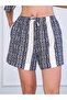 Women's Navy Blue Shirt Shorts Set Ethnic Patterned Lace-Up Waist Short Sleeve - 7
