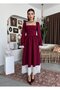 Women's Burgundy Midi Dress Square Neck Gathered Waist Lace Detailed Long Balloon Sleeves - 8
