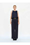 Women's Navy Blue Crew Neck Sleeveless Crashed Satin Textured Loose Blouse - 3