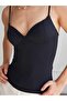 Women's Navy Blue Strappy Blouse with Heart Collar, Covered Chest, Thin Straps, Slim Fit - 8