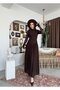 Women's Coffee Color Lace Midi Dress High Neck Long Sleeve Gathered Flared Cut - 4