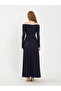 Women's Navy Blue Off-Shoulder Draped Carmen Collar Long Sleeve Maxi Flared Dress - 4