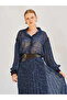 Women's Navy Blue Leopard Patterned Pleated Long Woven Skirt Autumn Winter - 6