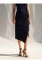 Women's Navy Blue Midi Skirt with Lace Detail, Draped Asymmetrical Cut and Slit - 6