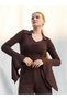 Women's Coffee Color V-Neck Front Gathered Flounce Sleeve Long Sleeve Slim Fit Blouse - 8