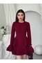 Women's Burgundy Flounce Mini Dress Crew Neck Long Sleeve Peplum Cut - 5