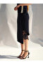 Women's Navy Blue Midi Skirt with Lace Detail, Draped Asymmetrical Cut and Slit