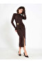 Women's Brown Front Draped Accessory Detailed Slit Long Sleeve Midi Dress - 6