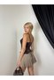Women's Brown Strappy Corset Blouse with Lace Detail, Heart Collar, Satin Look - 4