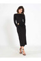 Women's Black Front Draped Accessory Detailed Slit Long Sleeve Midi Dress - 5