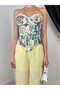 Women's Green Strapless Floral Patterned Lace Detailed Corset Form Crop Blouse - 3