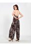 Women's Coffee-Color Printed Jumpsuit V-Neck Patterned Open Back Tie-Up Wide Leg Long - 6