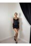 Women's Black Strappy Corset Blouse with Lace Detail, Heart Collar, Satin Look