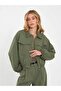 Women's Khaki Crop Bomber Jacket with Zipper Pockets, Elastic Waist, Long Sleeves, Plain - 7