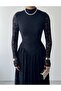 Women's Black Lace Midi Dress High Neck Long Sleeve Gathered Flared Cut - 3
