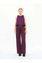 Women's Plum Satin Belted High Waist Wide Leg Long Trousers with Side Pockets - 2