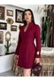 Women's Burgundy Jacket Dress Buttoned V-Neck Long Sleeve Mini Slim Fit Woven - 5