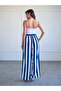 Women's Navy Blue Striped Elastic Waist Belted Wide Leg Long Woven Trousers
