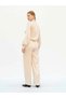 Women's Beige Satin Textured Belted High Waist Straight Leg Long Trousers - 8