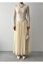 Women's Beige Lace Midi Dress High Neck Long Sleeve Gathered Flared Cut - 2