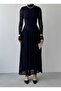 Women's Black Lace Midi Dress High Neck Long Sleeve Gathered Flared Cut - 2