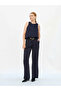 Women's Navy Blue Crew Neck Sleeveless Crashed Satin Textured Loose Blouse - 6