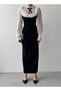 Women's Black Midi Dress with Lace Sleeves, Ruffle Collar and Brooch Detail - 2