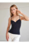 Women's Navy Blue Strappy Blouse with Heart Collar, Covered Chest, Thin Straps, Slim Fit - 7