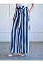 Women's Navy Blue Striped Elastic Waist Belted Wide Leg Long Woven Trousers - 4