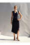 Women's Navy Blue Midi Skirt with Lace Detail, Draped Asymmetrical Cut and Slit - 2