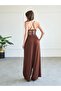 Women's Coffee Lace Detailed Cross Strap V-Neck Transparent Bodysuit Blouse