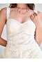 Women's Cream Bustier with Straps, Heart Collar, Lace Texture, Zipper Crop - 7