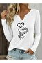 Printed Cotton Half V-Neck Long Sleeve Blouse T-Shirt