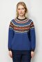 Women's Crew Neck Robe Jacquard Wool Sweater Blue