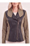 Women's Khaki Faux Leather and Lycra Cotton Fabric Combination Zippered Jacket - 6
