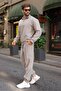 Painted Gray Zipper Detailed Stand Collar Fleece Men's Tracksuit Set E7372