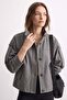 Women's Stand Collar Epaulet Short Jacket - Anthracite - 3