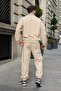 Beige Zipper Detailed Stand Collar Fleece Men's Tracksuit Set E7372 - 3