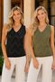 Women's Yellow Glitter Detailed Front Back V-Neck Sleeveless Cotton Zigzag Patterned Relaxed Cut Stylish Daily 2-Piece Black Khaki Knitwear Blouse - 4