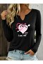 Printed Cotton Half V-Neck Long Sleeve Blouse T-Shirt