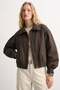 Women's Polo Collar Balloon Sleeve Jacket - Bitter Brown - 3