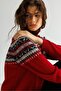 Women's Full Turtleneck Robe Jacquard Wool Sweater Dark Red - 2